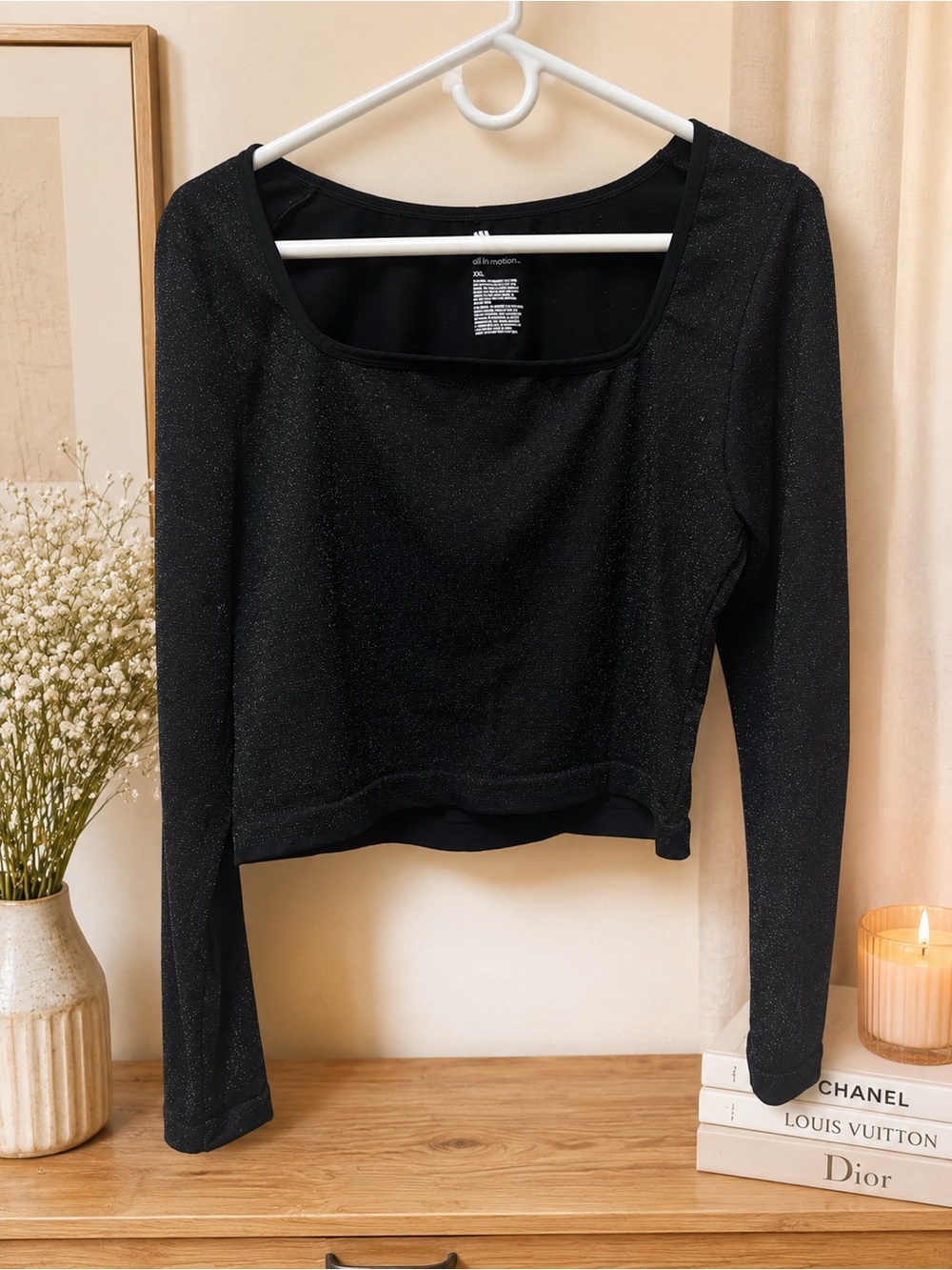 All in Motion Black Sparkle Long-Sleeve Square Neck Top XXL